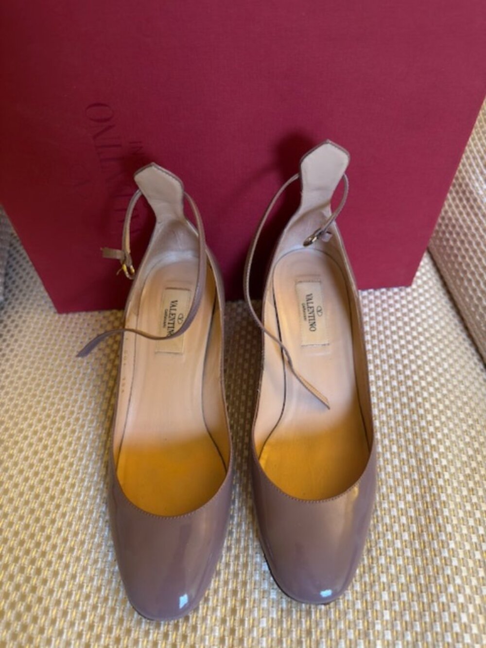 Valentino Garavani Taupe/Poudre Patent Leather Ankle Strap Block Heel Pumps